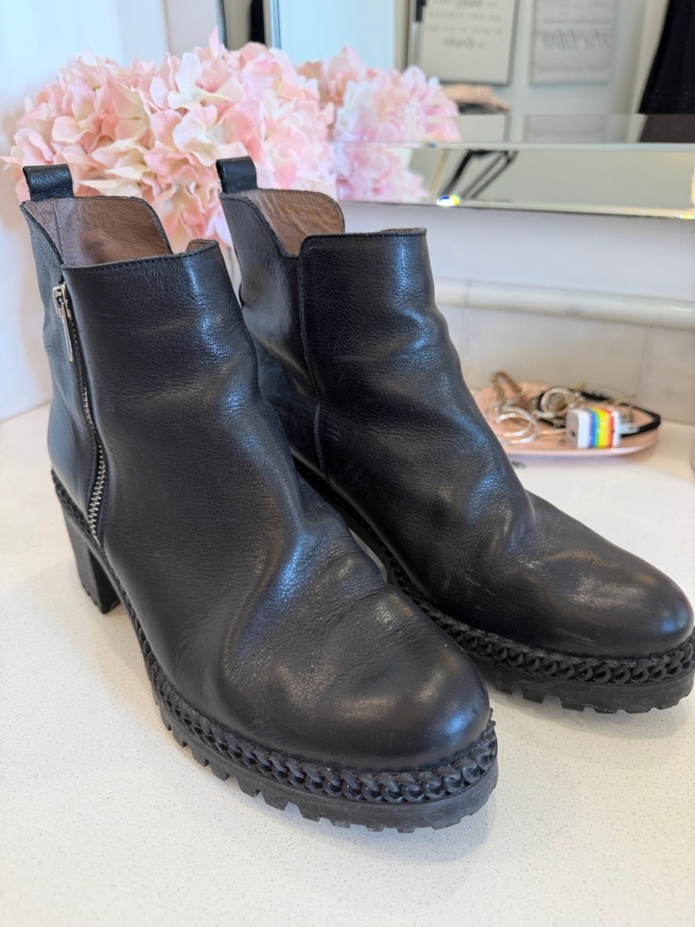 Black Leather Ankle Booties with Braided Trim
